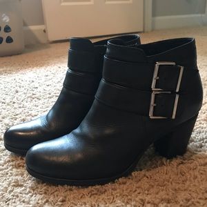 Clarks Black Leather Heeled Booties with Buckles
